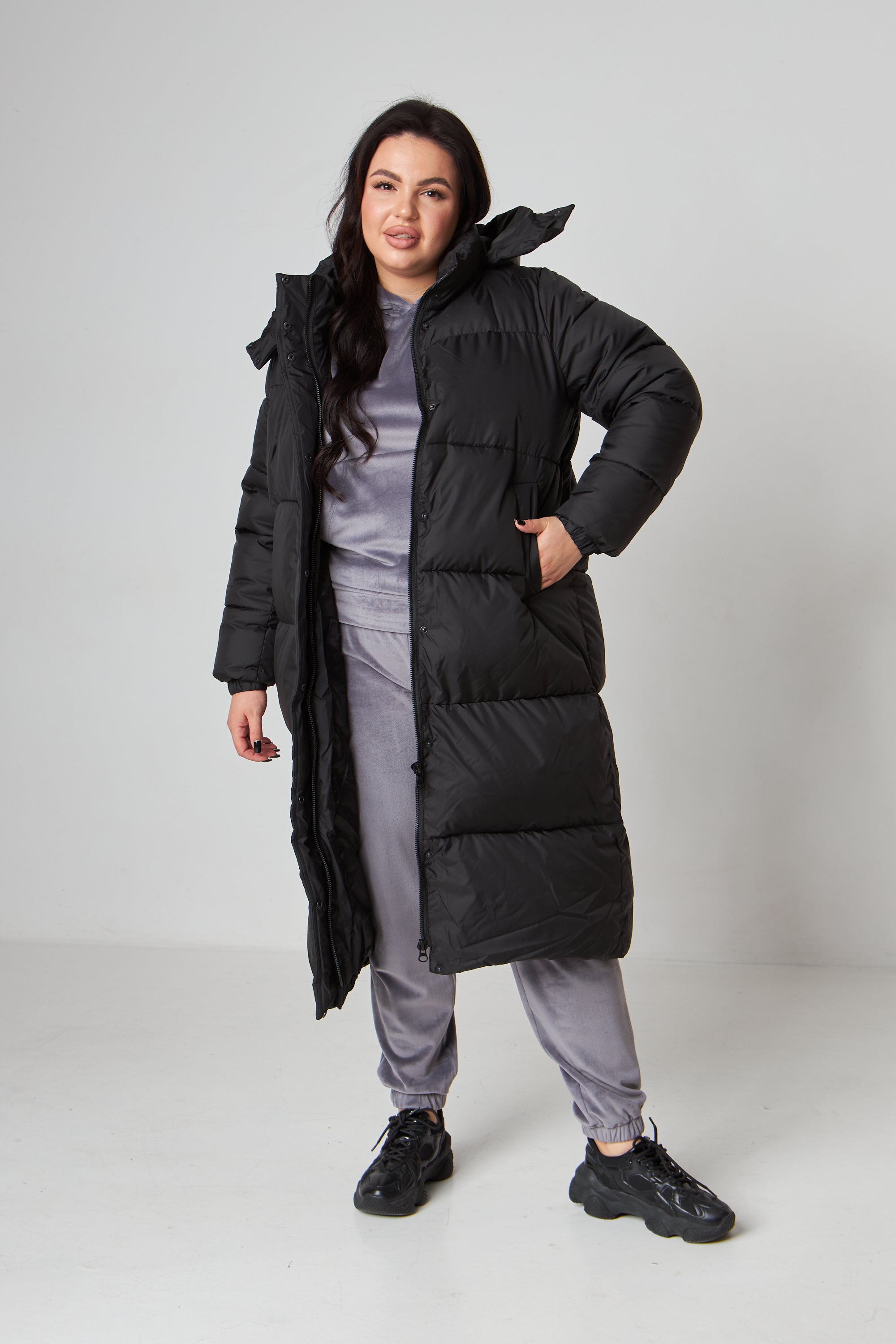 Пуховик нижче коліна на блискавці з капюшоном - Wear Me