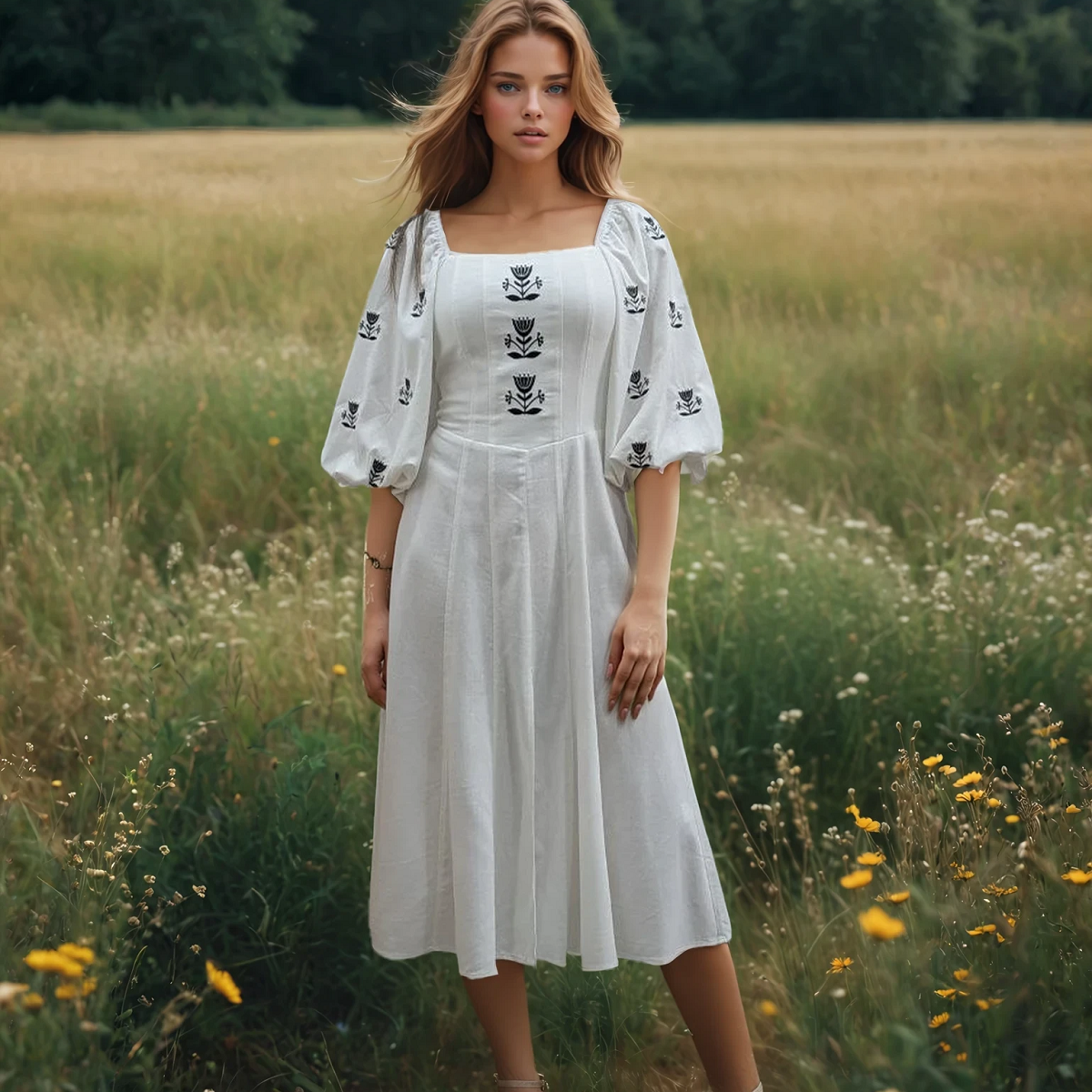 Сукня-вишиванка міді з рукавом 3/4