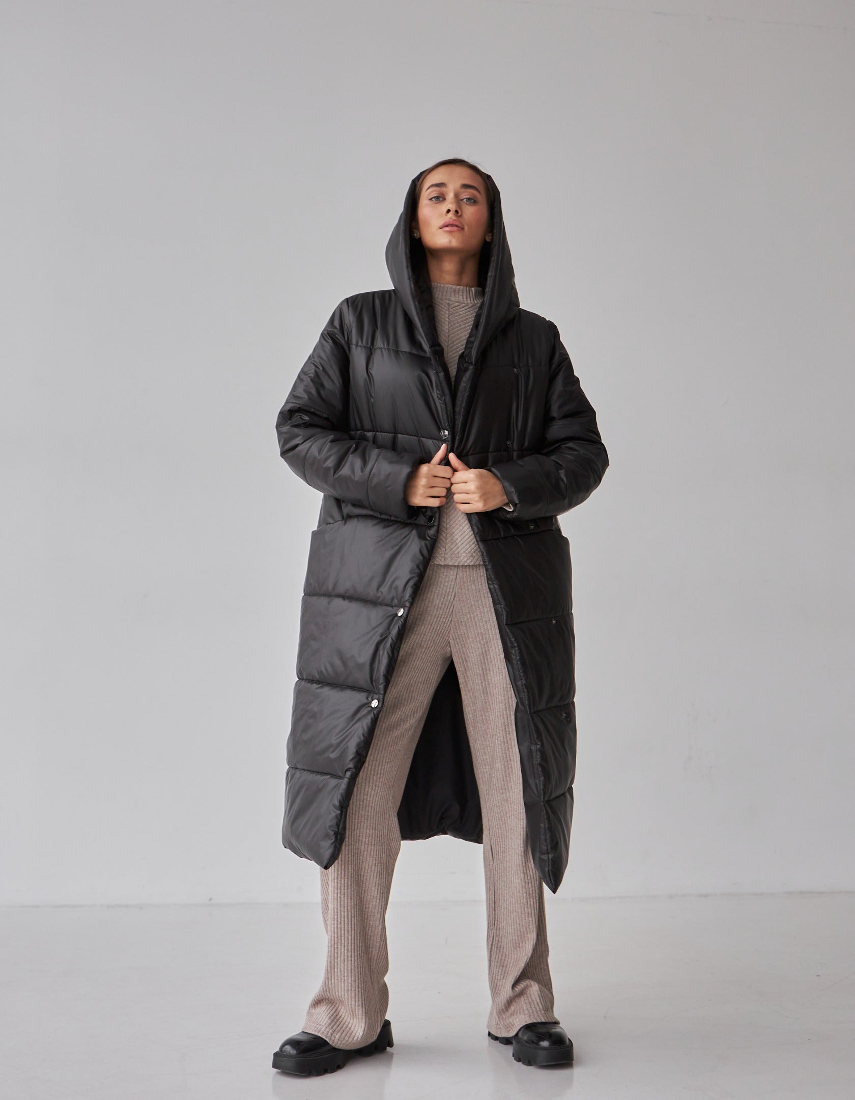 Пальто пуховик на кнопках с капюшоном - Wear Me